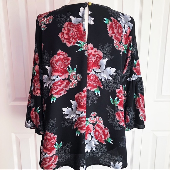 Bobeau Black Multi Floral Print Whimsigoth 3/4 Bell Sleeve Blouse Medium - Picture 12 of 15